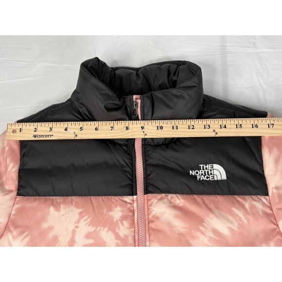 North Face Cropped Saikuru Rose Pink Tie Dye Puffer Jacket Women’s L 12-14 Zip - Picture 15 of 16